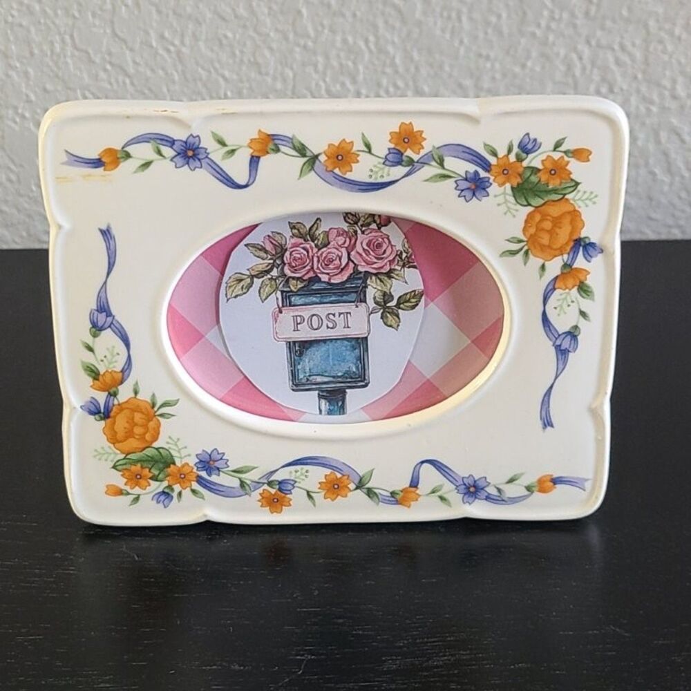 Vintage Floral Ceramic Picture Frame 5x4 Orange Blue Cottage Decor